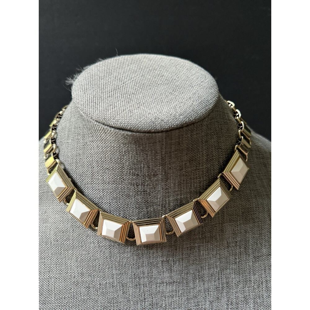 Vintage Square Link Station Choker Necklace Gold Tone White Acrylic Cocktail